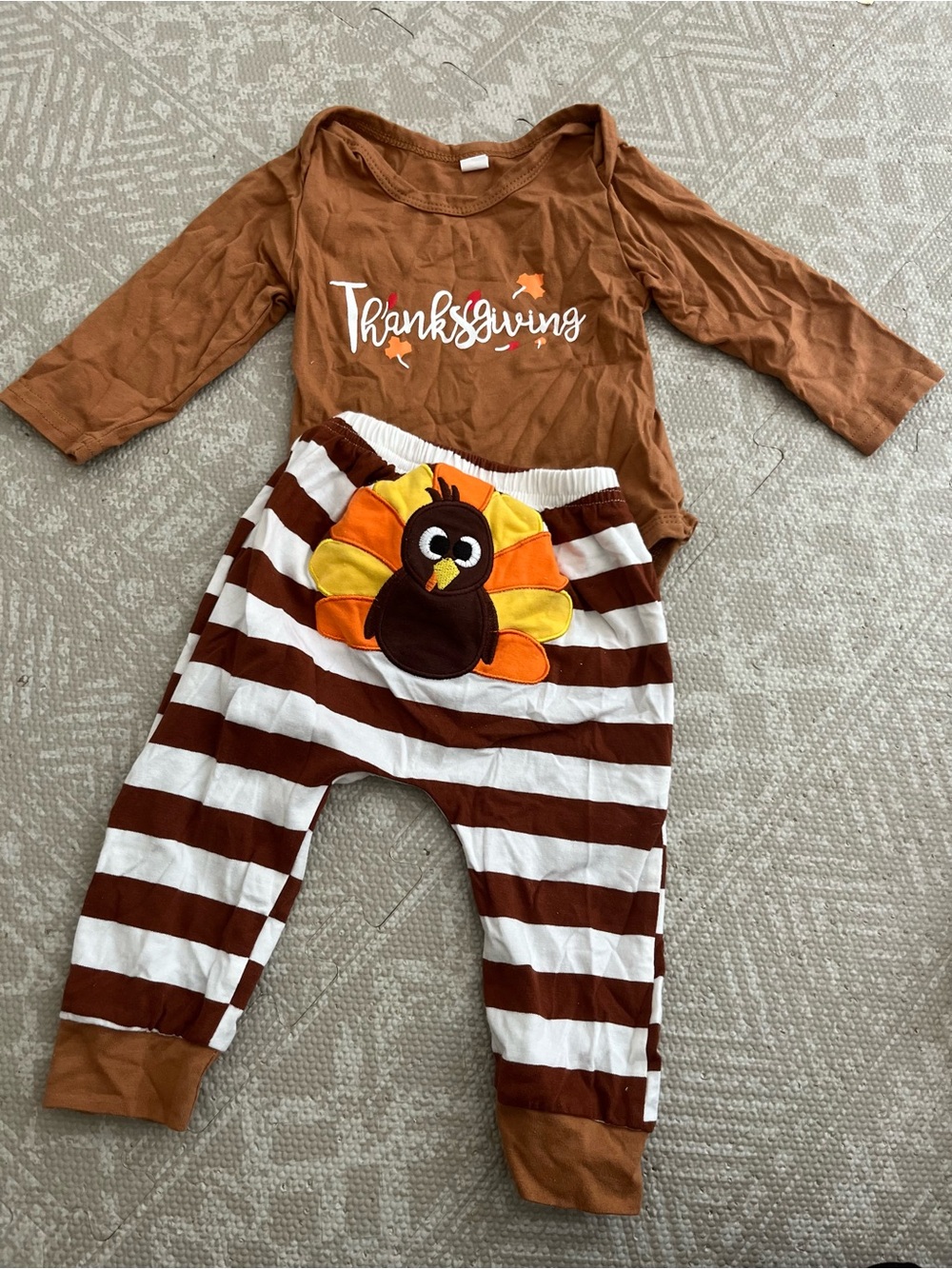 Thanksgiving Turkey Baby Outfit - Brown & White Striped Pants Turkey Butt 3-6m